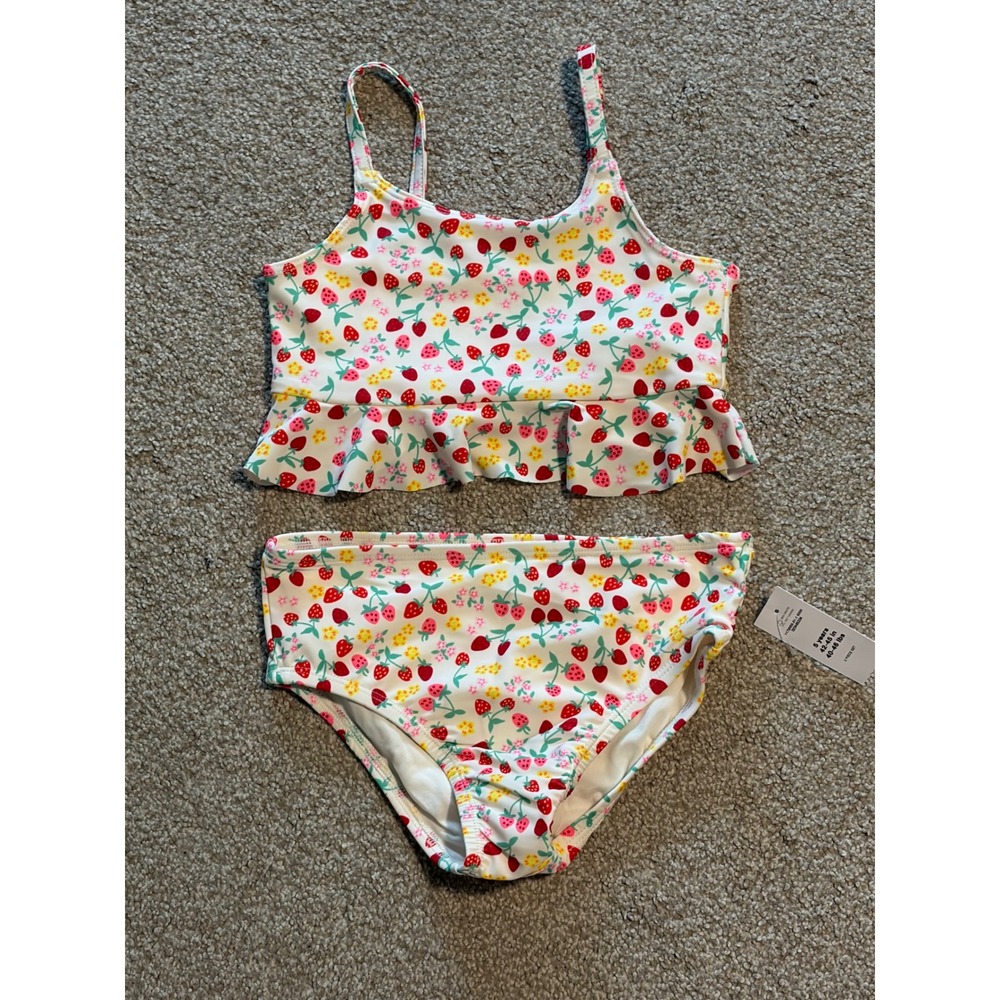 Baby Gap Girls Strawberry Floral Ruffle Two Piece Swimsuit UPF 50+ White 5 Years